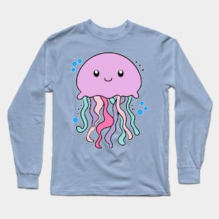 Happy smiling baby jellyfish with bubbles. Kawaii cartoon Long Sleeve T-Shirt